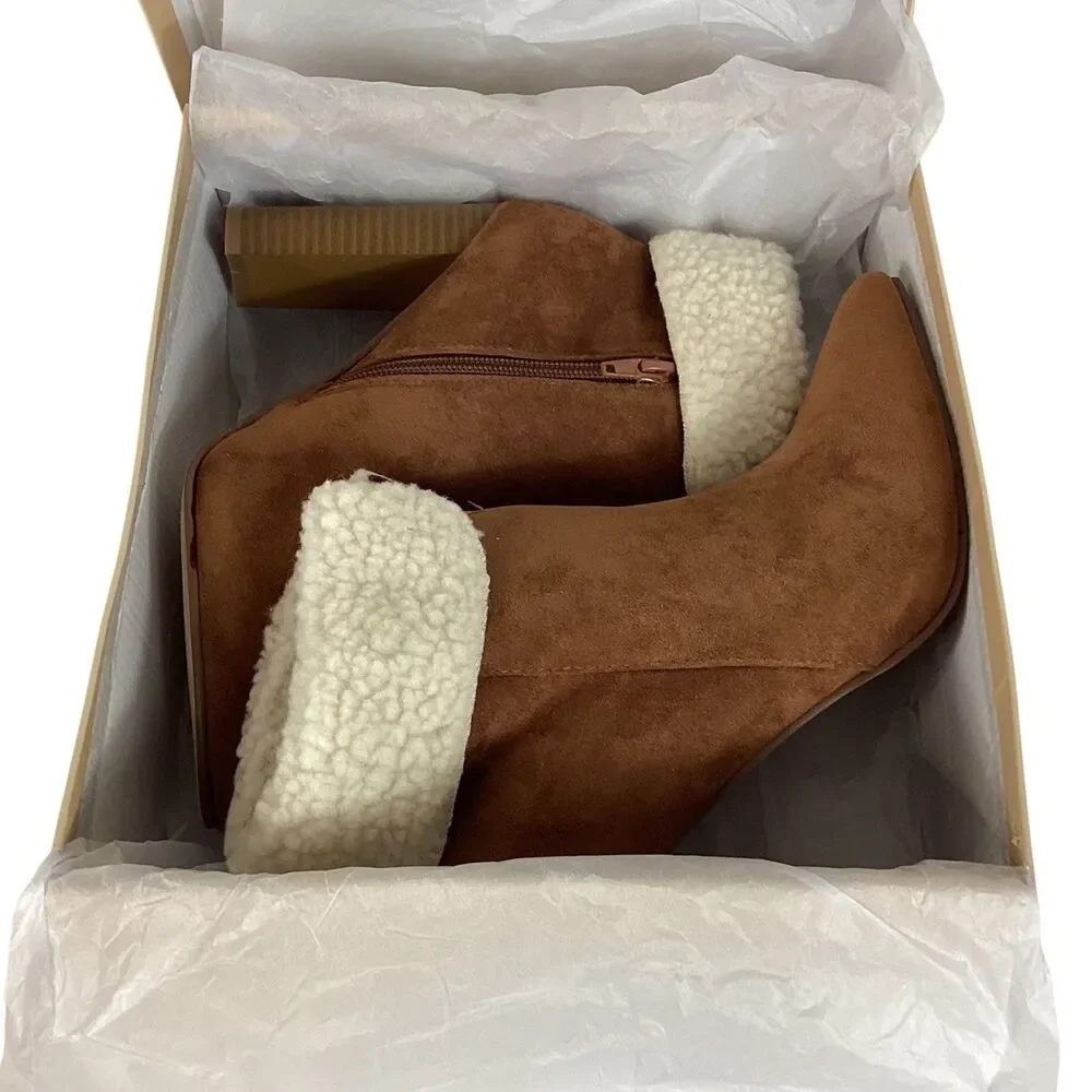 Yoki Shona Womens Brown Faux Suede Sherpa Trim Block Heel Ankle Boots Size 8